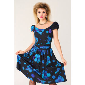 Vintage Laura Ashley Dark Floral 80's Style Dress Fit & Flare Rockabilly US 14